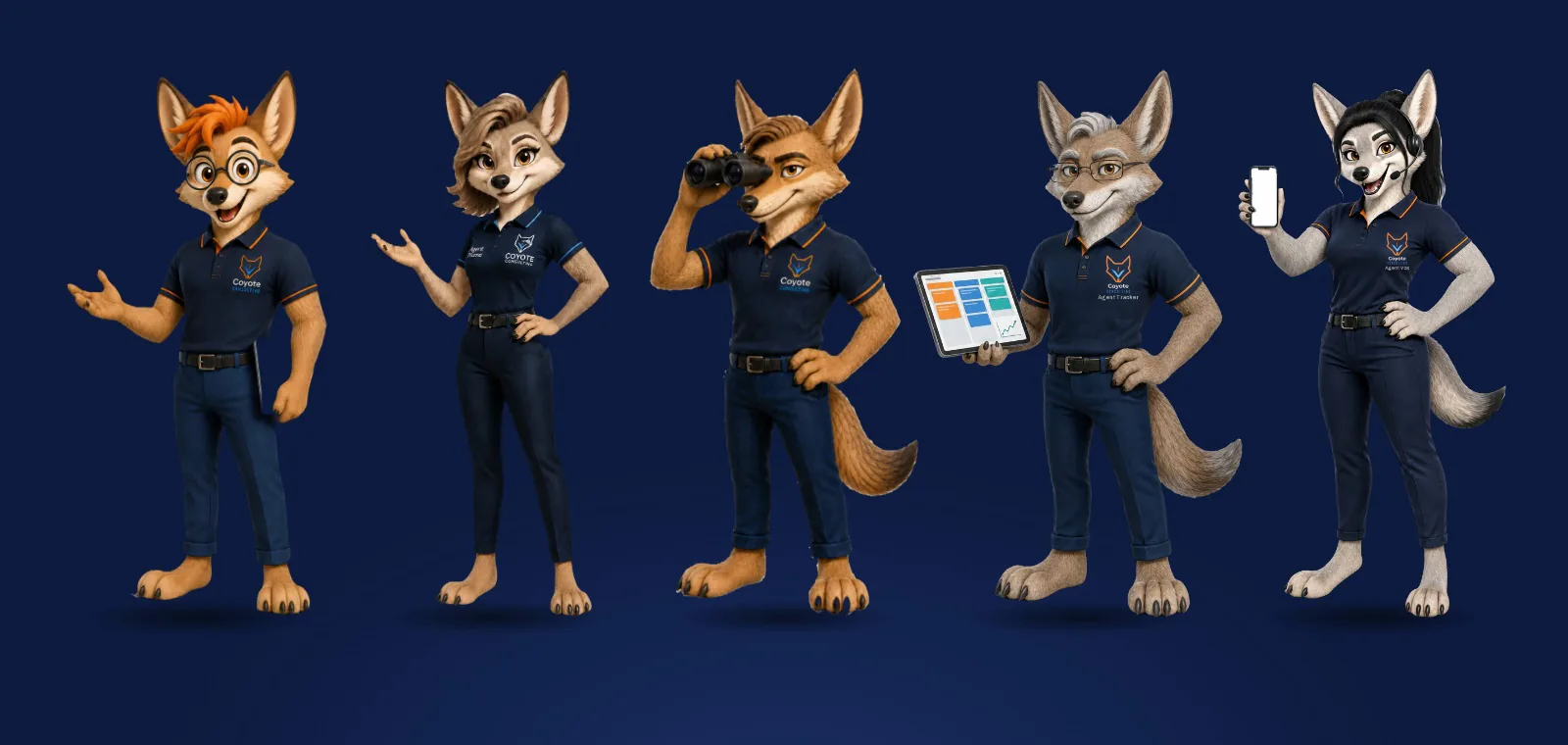 Les cinq coyotes de la meute alignés&nbsp;: Major, Plume, Scout, Tracker et Vox